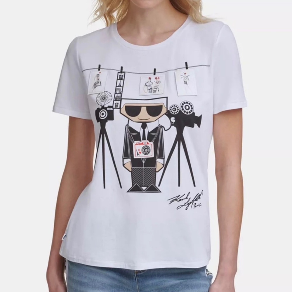 Karl Lagerfeld Paris White Cotton Photographer Karl Tee Sz XS Cinematic Emoji
